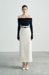 Off-shoulder long sleeve top in stretch jersey fabric with ruched neckline detail